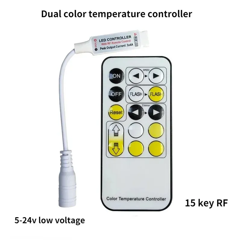 Mini 15 Tasten Dimmer Controller Zwei Draht-RF-Fernbedienung für Einzelfarben-Neonrohr und COB 2835 5050 5730 LED-Streifenleuchte DC5-24V