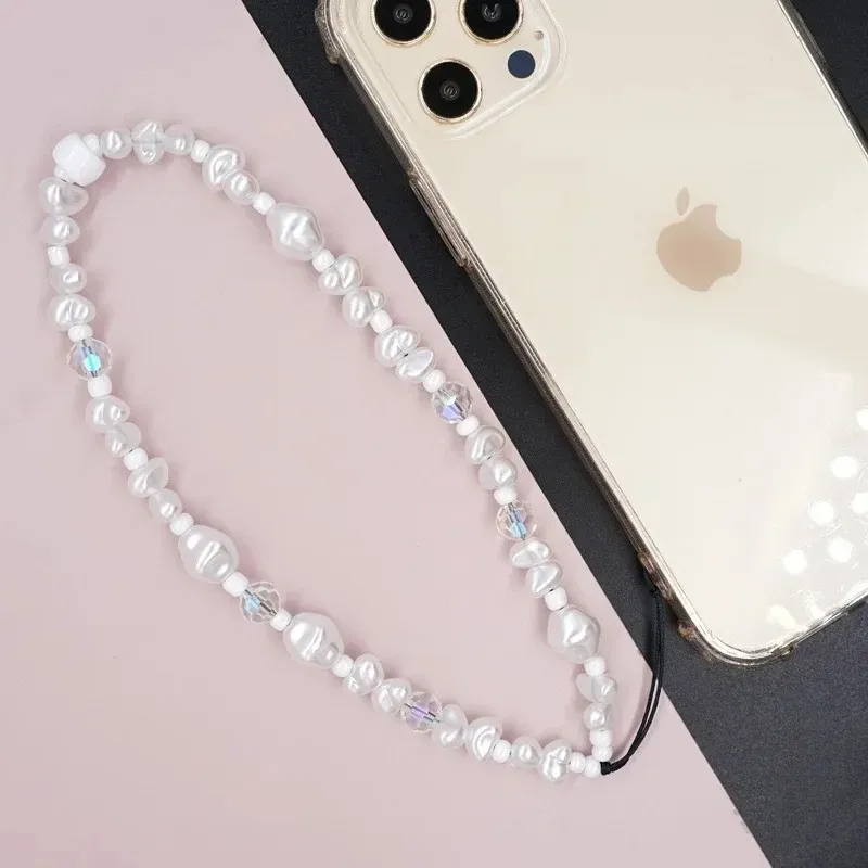 السلاسل البيضاء بالخرز سلسلة الهاتف الخليوي Crystal Beads Case Phone Case Lanyard Mobile Strap Imitation Pearl Telephone Jewelry