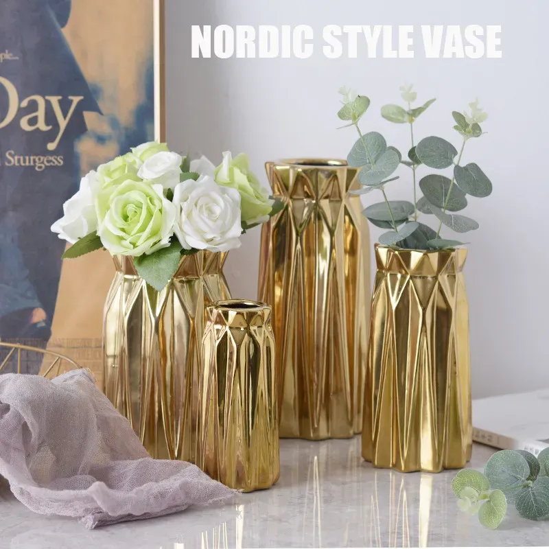 VASESモダンなミニマリストメッキゴールドノルディックスタイルの装飾フラワーショップウェディングジオメトリセラミック装飾ホーム花瓶クリエイティブ製品