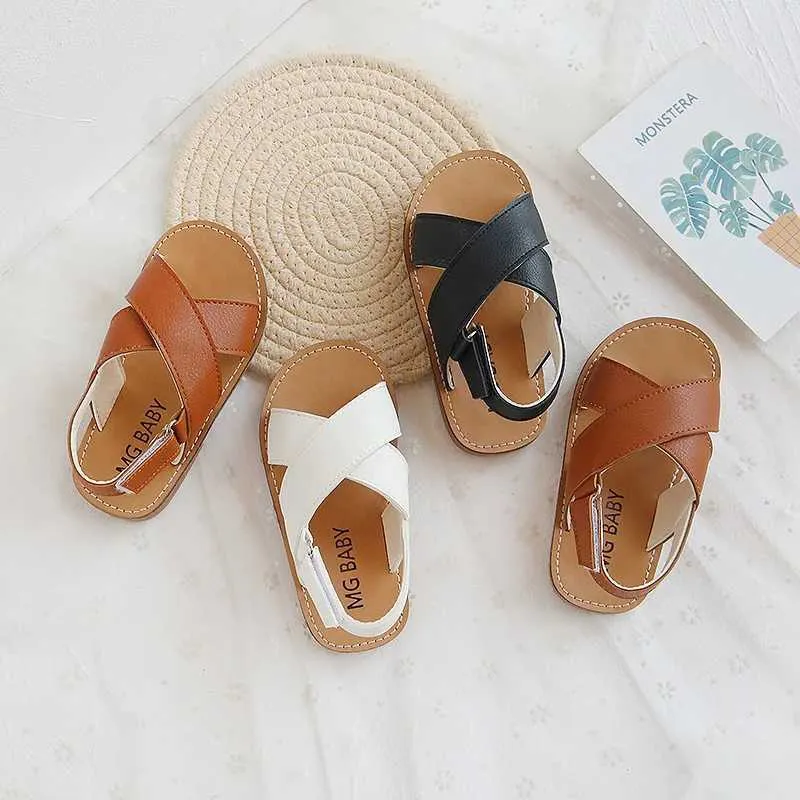 صندل Unishuni Toddler Girls Leather Sandals Baby Shoes Summer Beach Shoes for Basic Cross Strap Sandals D240515