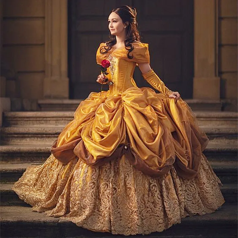 princess with gold dress Princess Lace Off Shoulder Gold Quinceanera Dresses Applique With Bow –  jkprom main image 1
