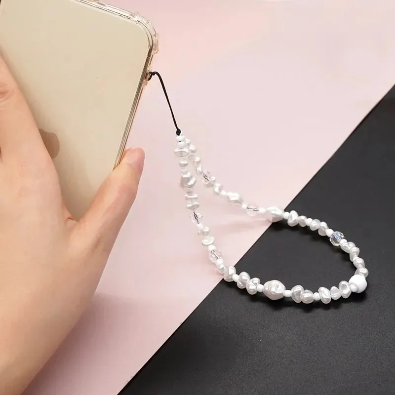 السلاسل البيضاء بالخرز سلسلة الهاتف الخليوي Crystal Beads Case Phone Case Lanyard Mobile Strap Imitation Pearl Telephone Jewelry