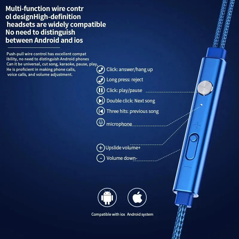 Metal Kablolu Mobil Kulaklık Bas Mobil Telefon Oyunu Stereo Mikrofon Kulaklık Örgülü Tel Kulaklık Gürültü azaltma