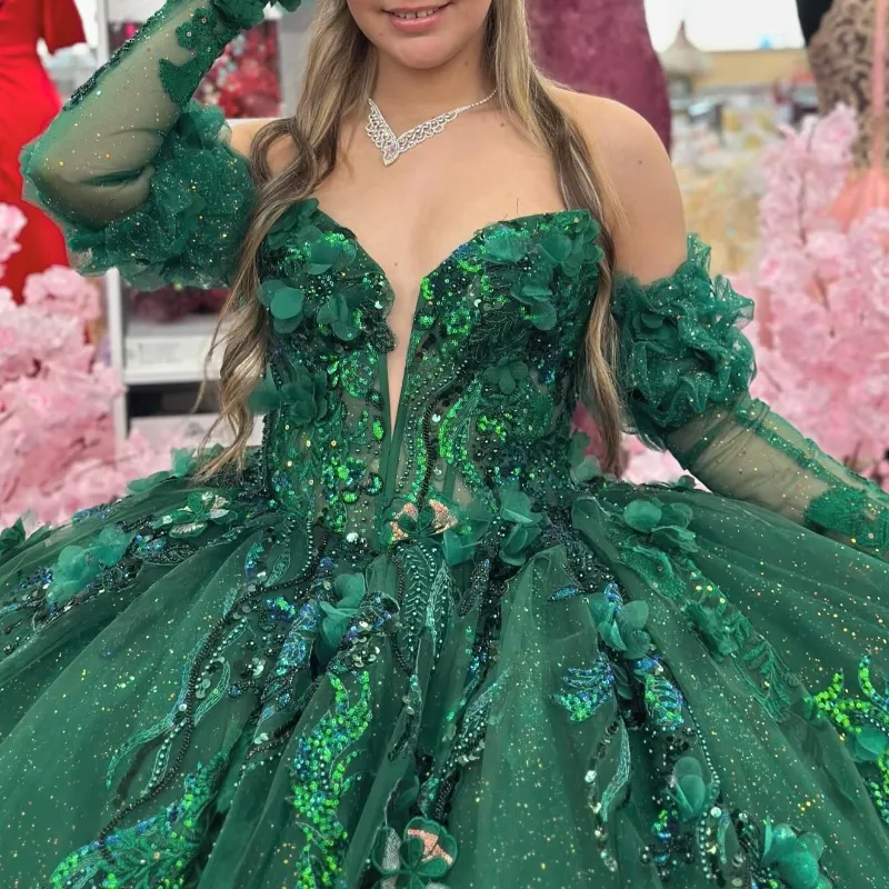 Emerald Green Quinceanera Dress Off Shoulder V-neck Beaded Puffy Ball Gowns  | eBay
