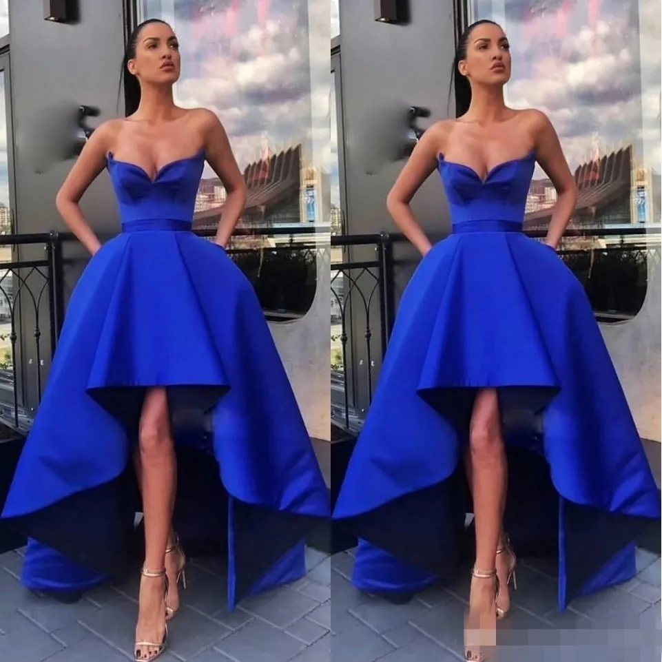 2020 bescheiden Royal Blue Prom Dresses High Low Sweetheart Halsline Satin A Line Graduation Evening Party Jurk formele gelegenheid Draag 296K