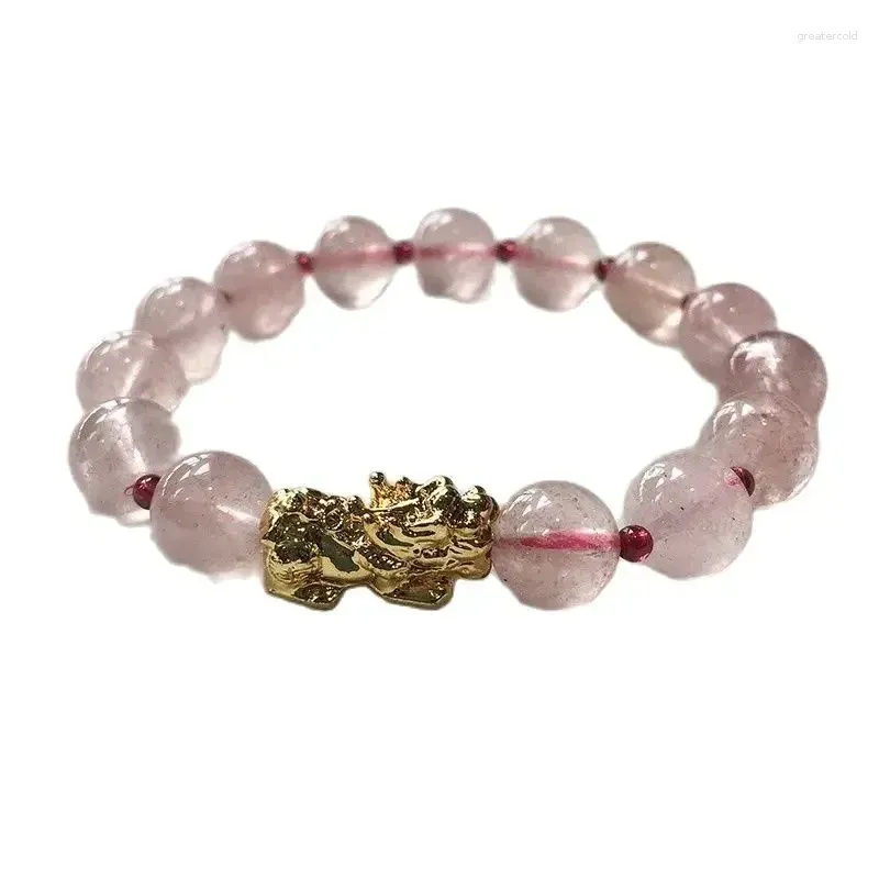 Strand groothandel roze aardbei Natuurlijke kristallen armbanden ronde kralen met pi xiu bedelarmband gelukkig voor vrouwen mode -sieraden