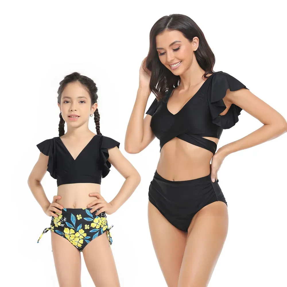 Parent-child swimwear mother and daughter swimsuit Slim Split printed high waisted bikini with ruffled edges