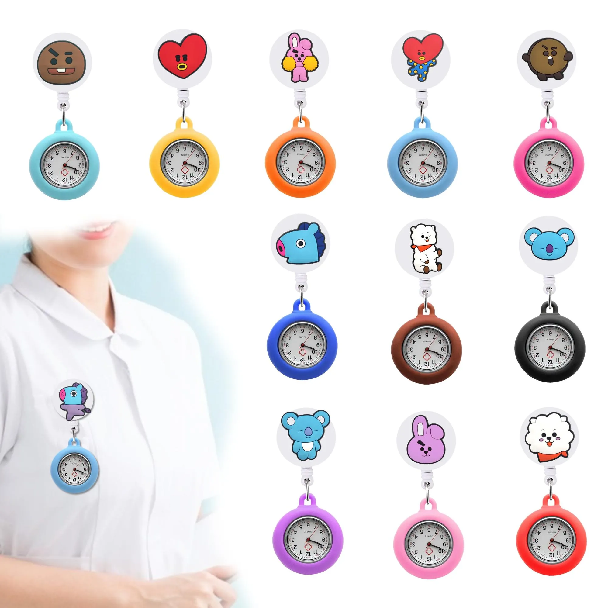 Altri decorazioni per la casa BT21 17 Orologi tascabili clip Spettaio al quarzo Muovo in stetoscopio Accessori per badge infermiera per infermiera a spicco con s ot3x0