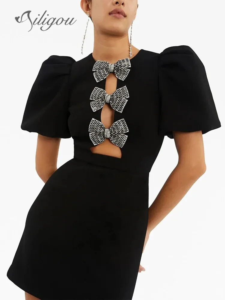 Ailigou Summer Womens Black Sexy Short Sleeve Round Neck Bow Hollow Tight Mini Bandage Dress Elegant Party 240513 From Dou04 43.69 In Bulk DHgate.Com