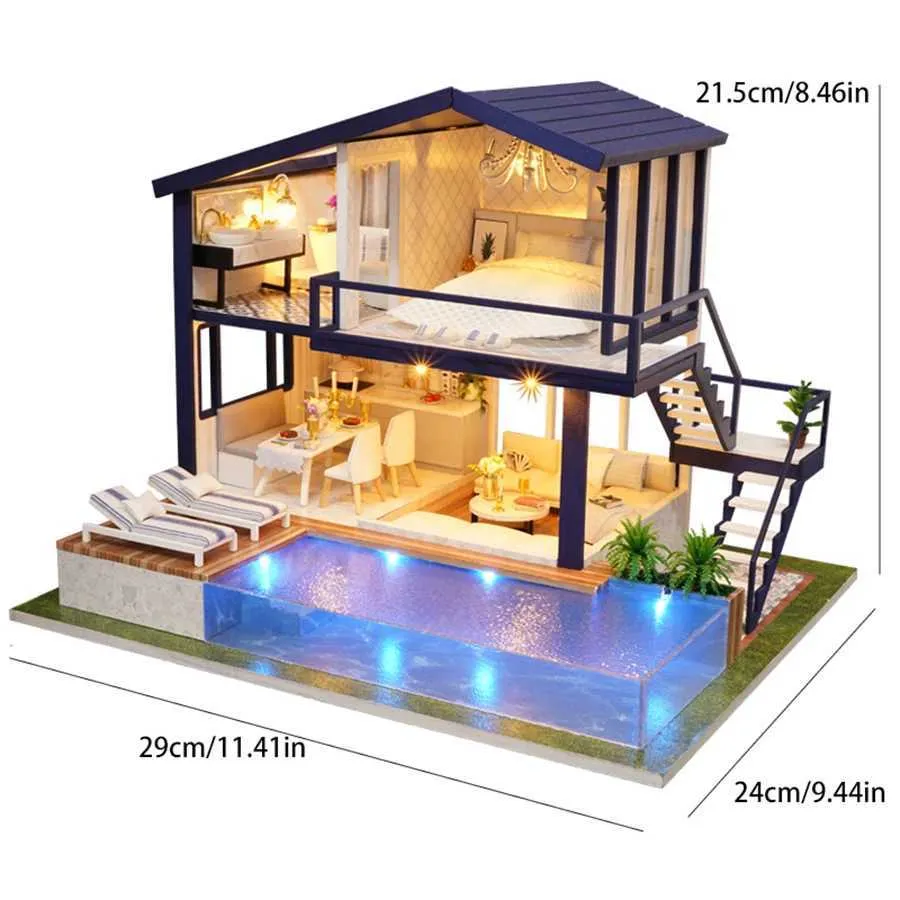 Architecture/DIY House Blue Apartment Villa Doll House Mini DIY Kit for Making Room Toys Home Bedroom Decoration with Furniture Wooden Crafts 3D Puzz