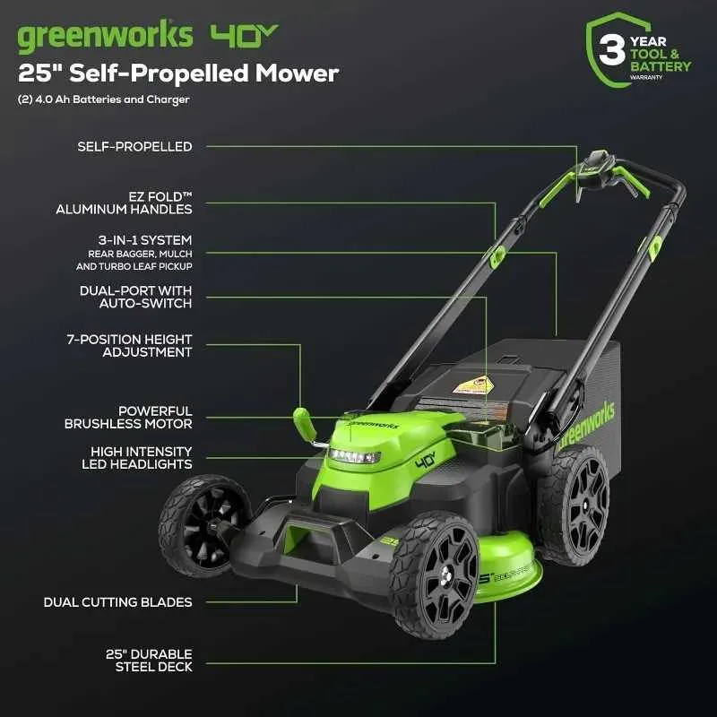 芝刈り機グリーンワークス40V 25ブラシレスとコードレス（75+互換ツール）（2）4.0AHバッテリーデュアルポート高速chargerq240514