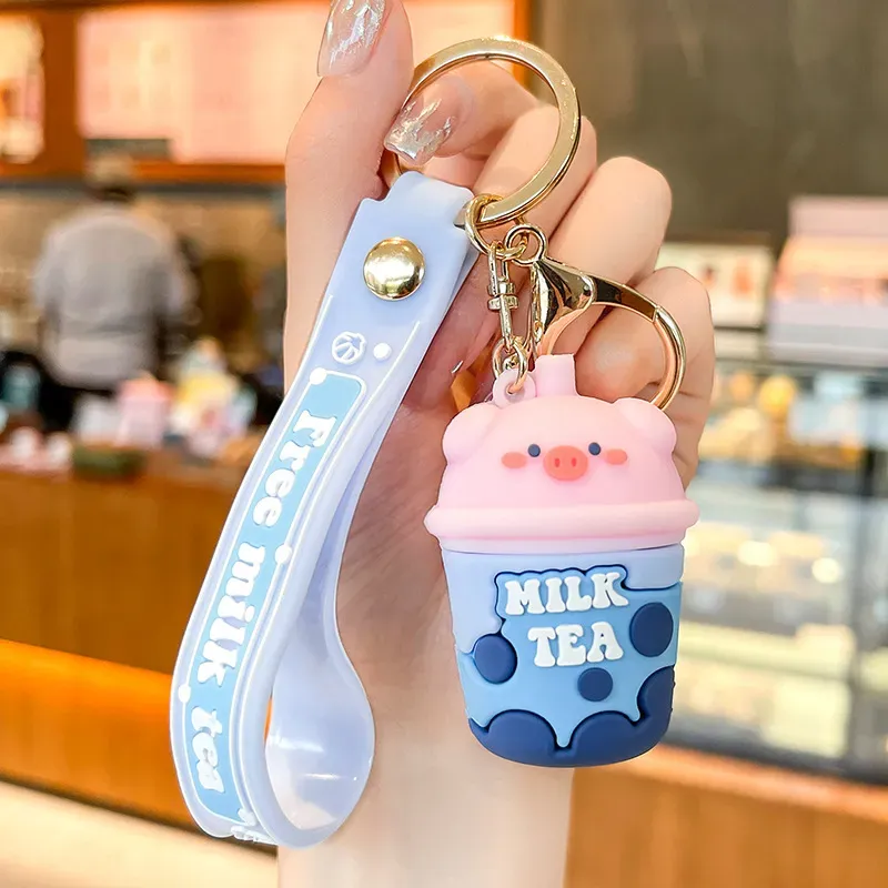 Cute Anime Keychain Charm Key Ring Lovely Piggy Milk Tea Cup Doll Couple Students Personalized Creative Valentine`s Day Gift UPS