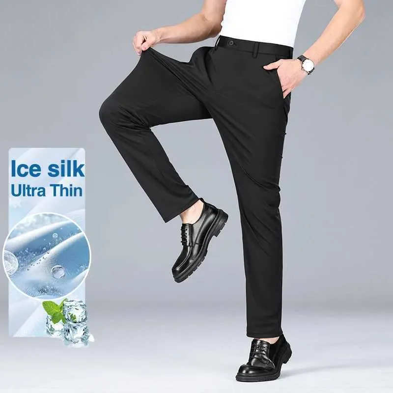 Męskie spodnie Summer Ice Silk Spodnie Mens cienki biznes prosty oddychający oddychający moda młodzież żelazo-fr swobodny męski spodnie Y240514