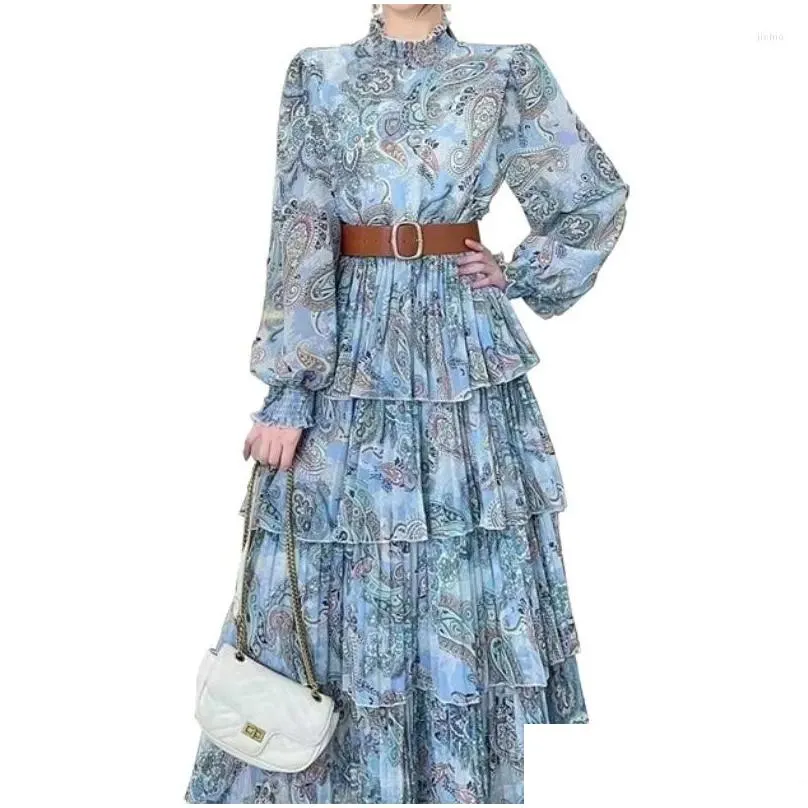 Basic Casual Dresses Womens Spring High End Style Standing Neck Lantern Long Sleeve Pleated Belt Slim Fit Retro Print Holiday Cake Dre Dhvm2