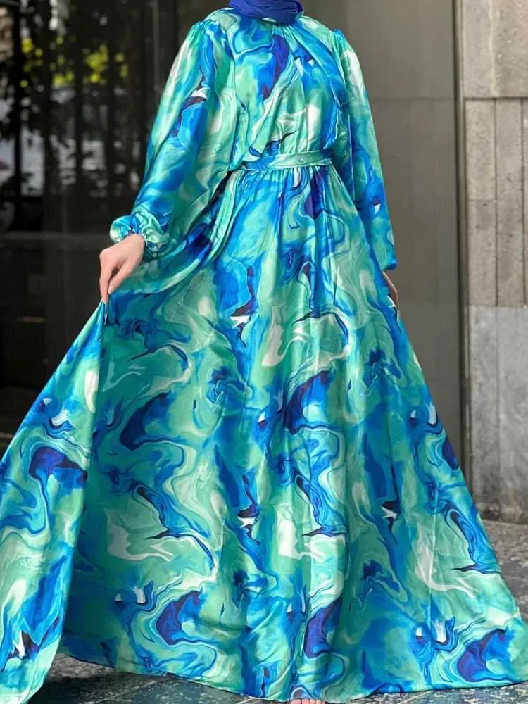 Elegant Satin Jalabiya Dress for Women Eid Muslim Abaya in Vibrant Swt Print