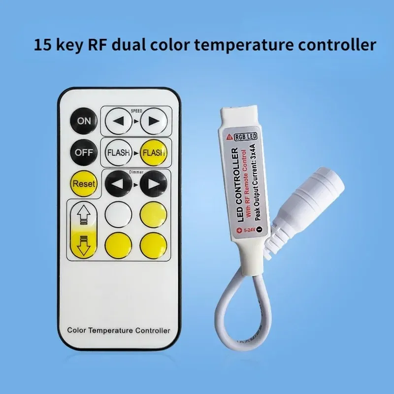 Mini 15 Tasten Dimmer Controller Zwei Draht-RF-Fernbedienung für Einzelfarben-Neonrohr und COB 2835 5050 5730 LED-Streifenleuchte DC5-24V