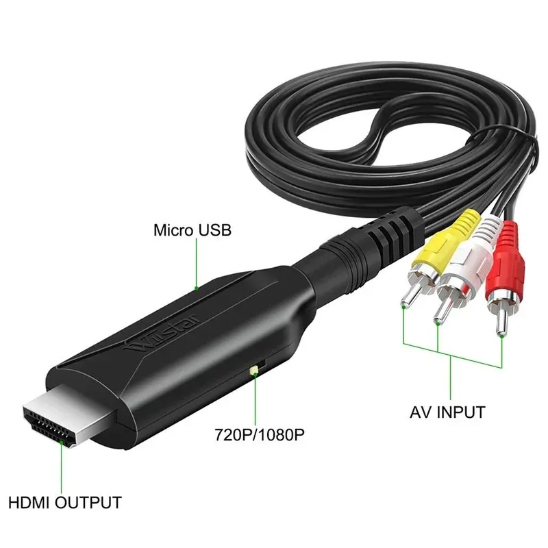 AV в HDMI Converter HDMI 1080P 720p для компьютера с пристальным набором для телевизионного кабеля Трехцветный RCA Длина мужского кабеля 1 м/3,2 фута адаптеры