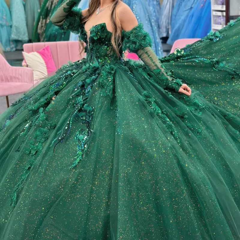 Emerald Green Quinceanera Dress Off Shoulder V-neck Beaded Puffy Ball Gowns  | eBay