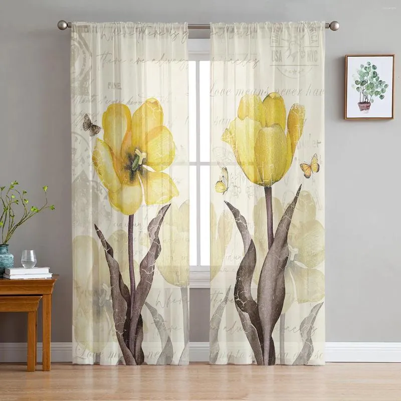 カーテンビンテージフラワー蝶黄色のチューリリビングルームの装飾のための薄いカーテン窓キッチンチュールボイル