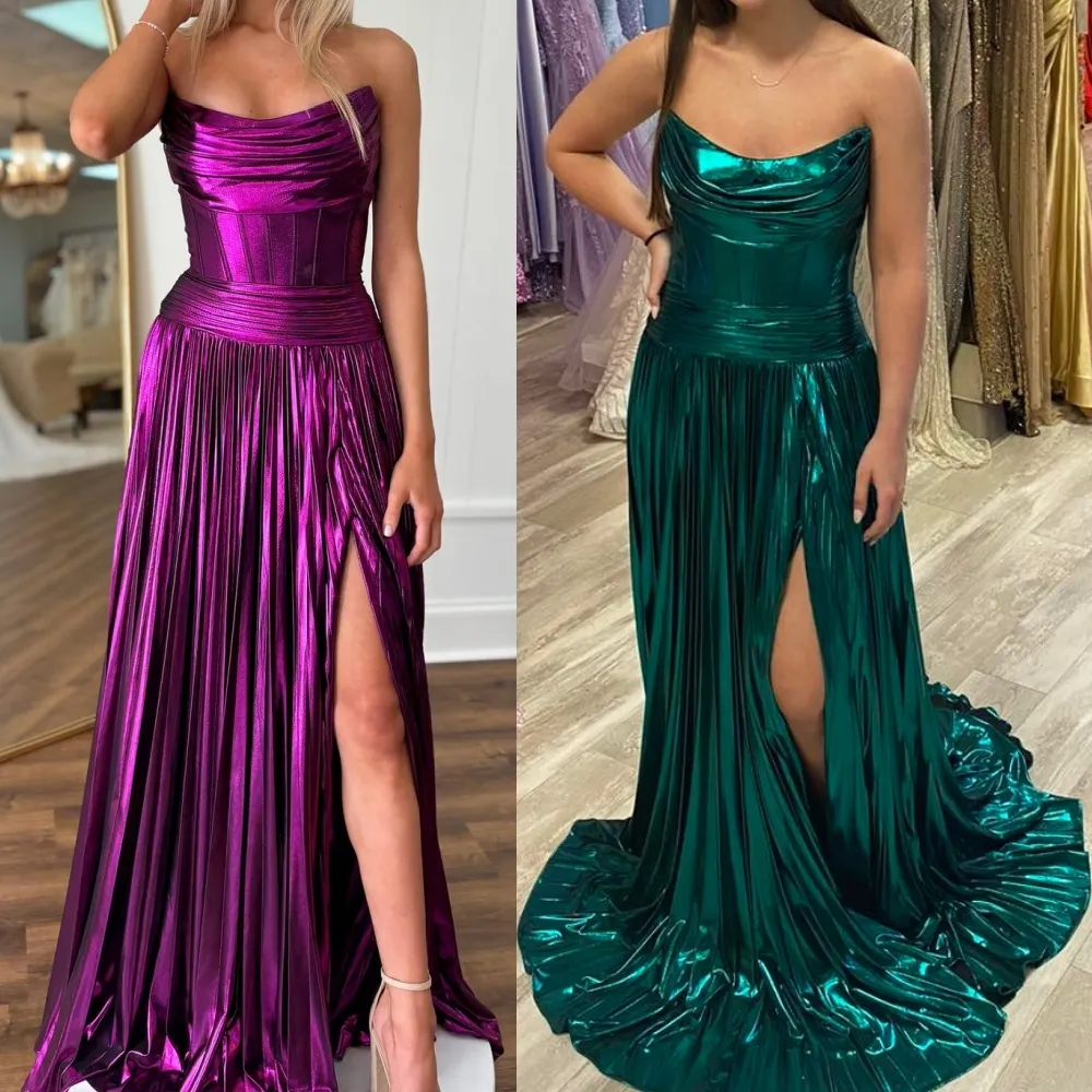 Metallic Grecian Goddess Prom Queen Dress Draped Neck Ruched Waist Formal Gown