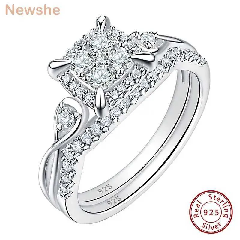 Anéis de casamento Newshe Exclusive Womens Bride Conjunto de noiva de 2 peças Sterling Silver 925 Ring Halo Round Cut Polyester 5A CZ jóias requintadas Q240514