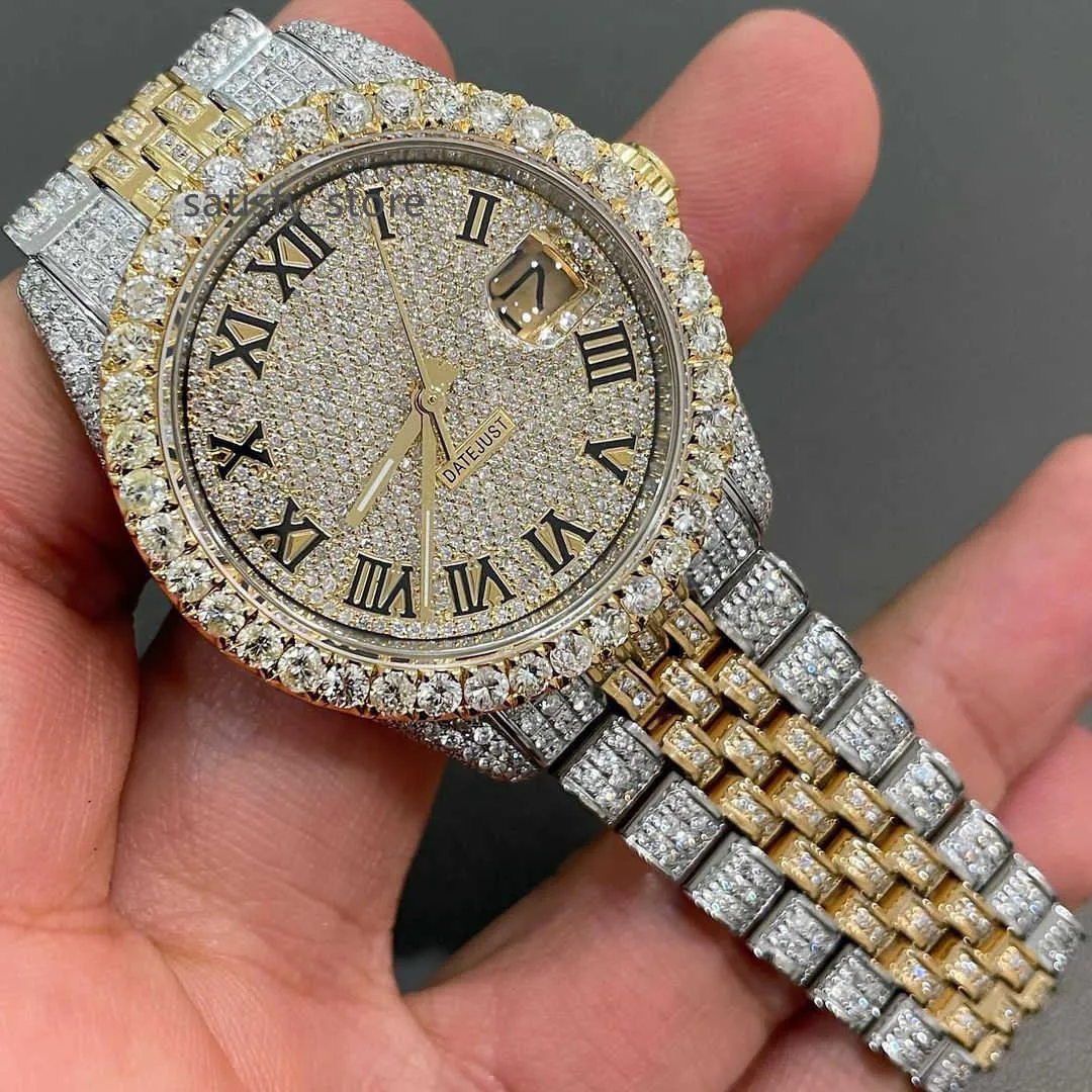 A striking stainless steel moissanite round cut diamond watch crafted for men epitomizing the forefront of hip hop fashion