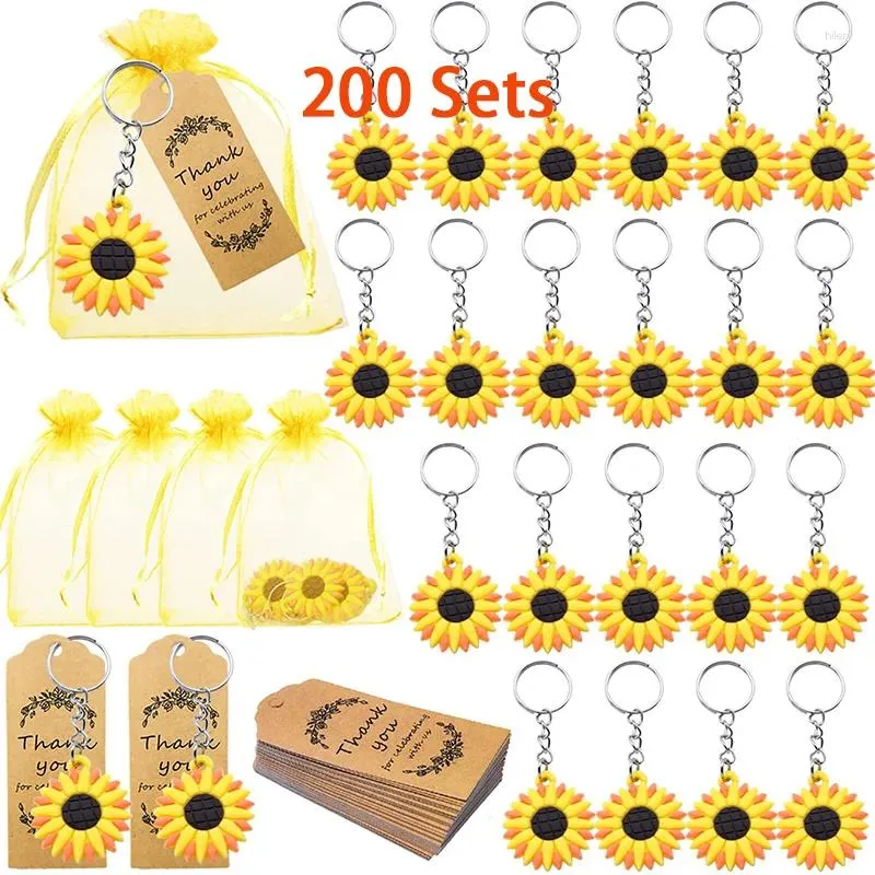 Party Favor 200Sets Sunflower Gift Inkluderar nyckelkedjan Organza Bag Tack Brown Paper Tag School Reward Supplies