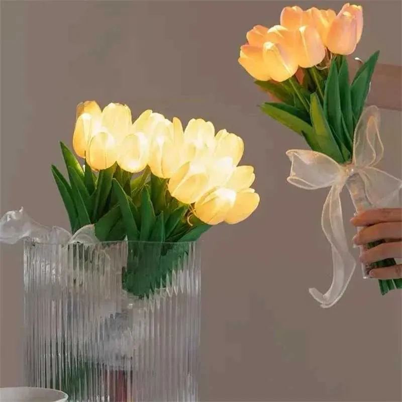 테이블 램프 10pcs 튜닝 LED 조명 인공 튤립 꽃 테이블 램프 시뮬레이션 튤립 나이트 라이트 어머니의 날 선물 hom