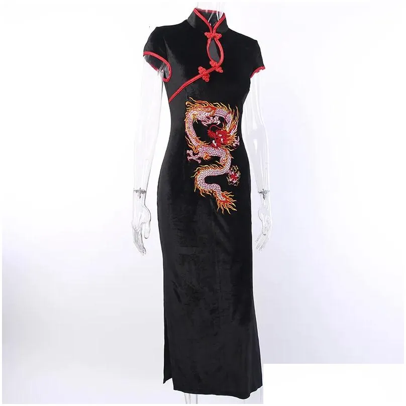 Basic Casual Dresses Chinese Stand Collar Gothic Dress Emboridery Dragon Qipao Black Red Vintage Evening Party Long Robe Cheongsam Y D Dhynl