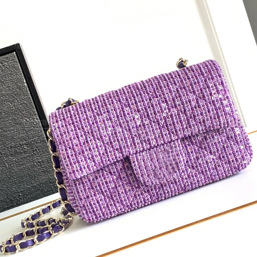 12a 1：1最高品質のデザイナーショルダーバッグニッチアートスパンコール装飾された紫色のツイード表面デザインIeisure Styleオリジナルボックス付きの豪華なクロスボディバッグ。