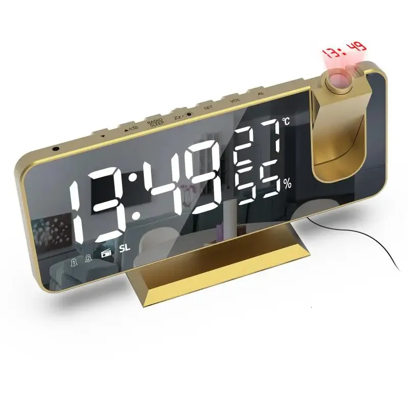 Digital Alarm Clock Radio Projection Multifunction Bedside Time Display With Temperature And Humidity Mirror 240506