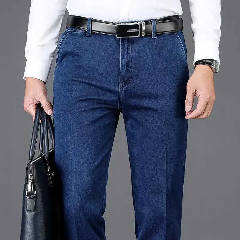 Herenbroeken klassieke stijl herfst en winterheren dikke high taille jeans zakelijk casual denim stretch rechte broek mannelijke merkbroek y240514