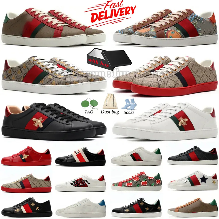 Ace Sneakers Luxurys Designer Bee Shoes Woman Men Trainer Tiger Chaussures Interlocking Leather broderade ränder Vit Flat Walking Fashion Sport Casual Shoes