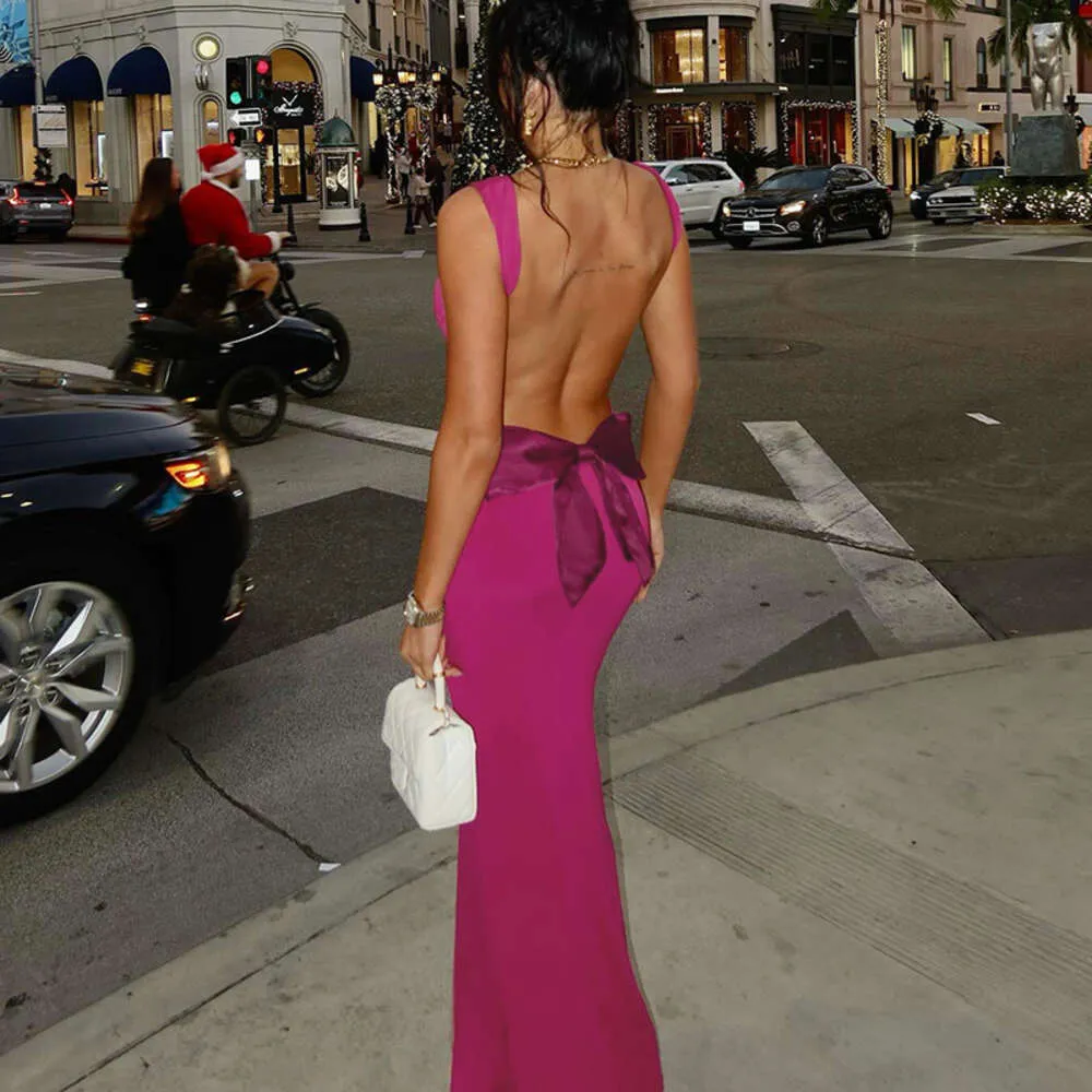 Seçilmiş sıcak satış yeni seksi sırtsız ince fitting patchwork yay sarma kalçaları mizaç uzun elbisesi kadınlar için uzun elbise f51533