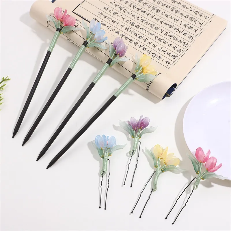 Vintage Wood Tulip Flower Tassel Hairpin For Women Girl Antique Hair Stick Hair Clip Costume Chinese Hanfu Hair Accessories