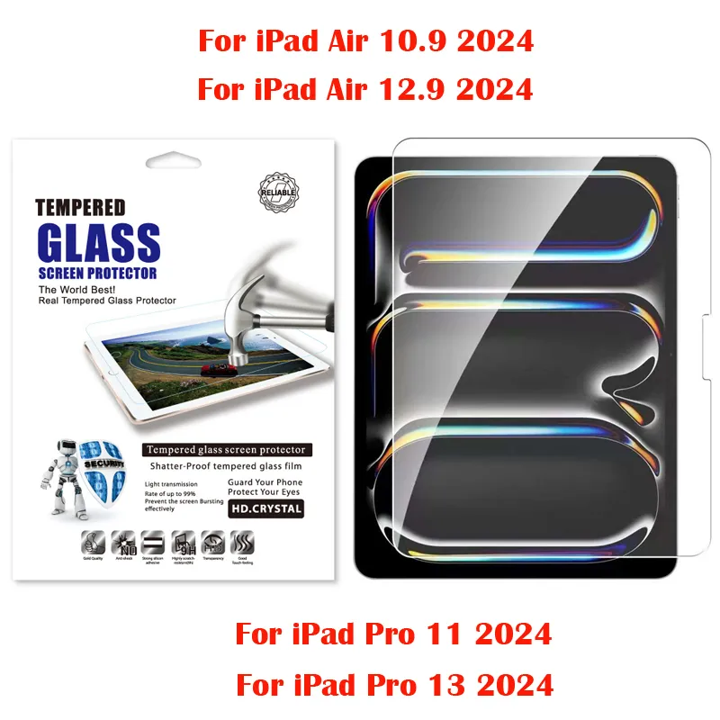0.3mm 9H Hardness HD Tempered Glass Screen Protector Film For iPad 10th Air 10.9 12.9 Pro 11 13 2024 Air4 10.2 10.5 9.7 Mini 2 3 5 6 Table Gass Film in Paper Bag Retail Package