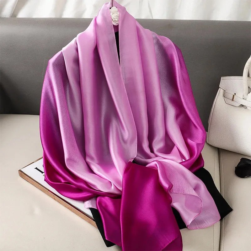 Luxury gradient Silk Scarf Damesmerk Solid Femme Shawls Wraps Bandana Head Foulard Fashion Lady Hijab Wedding Poncho 240423