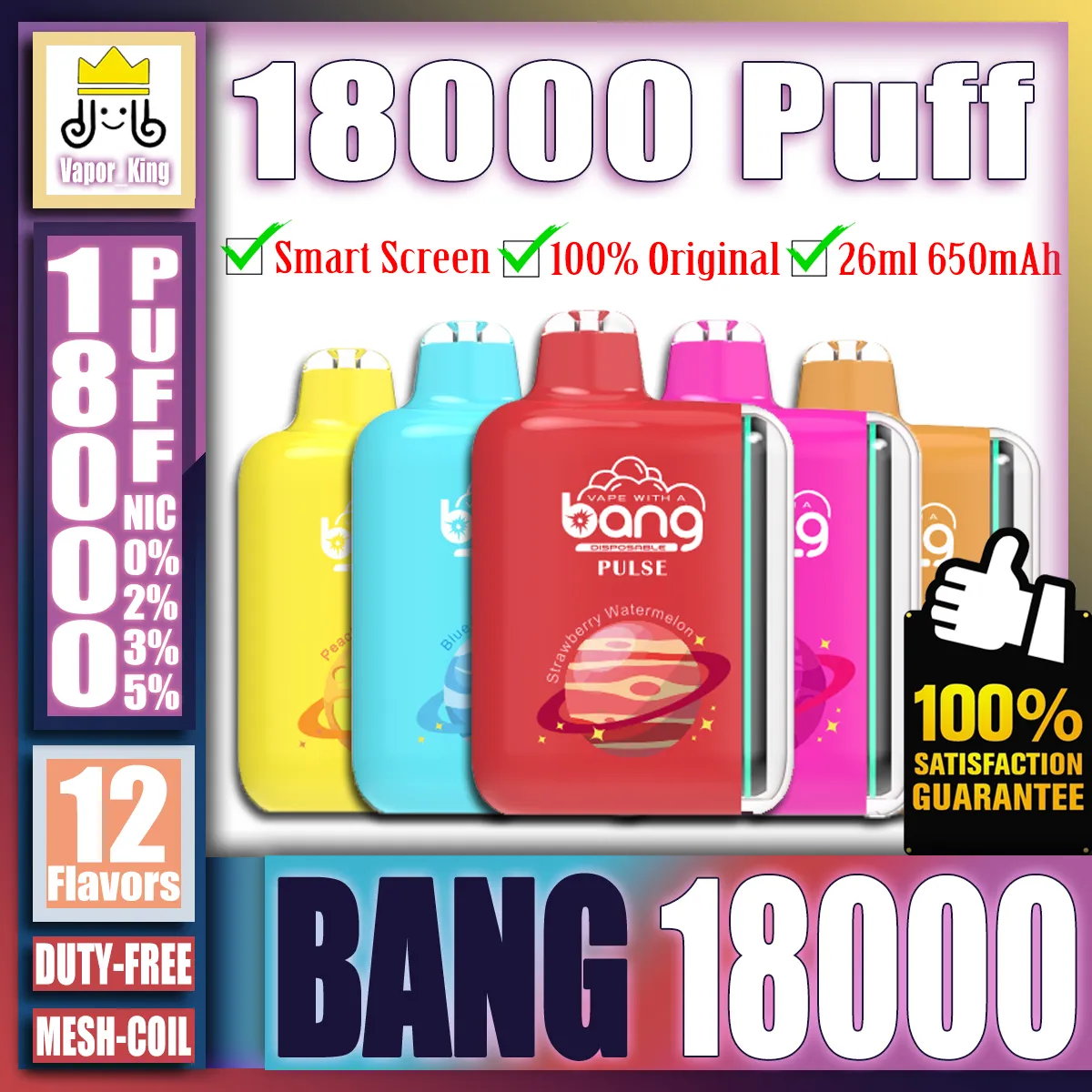 Bang d'origine Pulse 18000 18K Puff 18000 18K Boîte numérique intelligente rechargeable Smart Vape Vape E Cigarette 26ml 650mAh Batterne Geek Bar Geekbar 7500 15K 15000