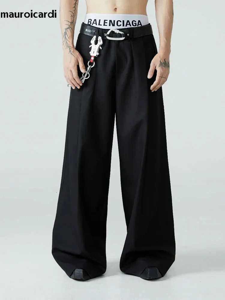 Mauroicardi Spring Autumn Long Long Long Longal Dargy Flowy Soft Black Plate Wide Pants Men Luxury Emo Clothing 240511