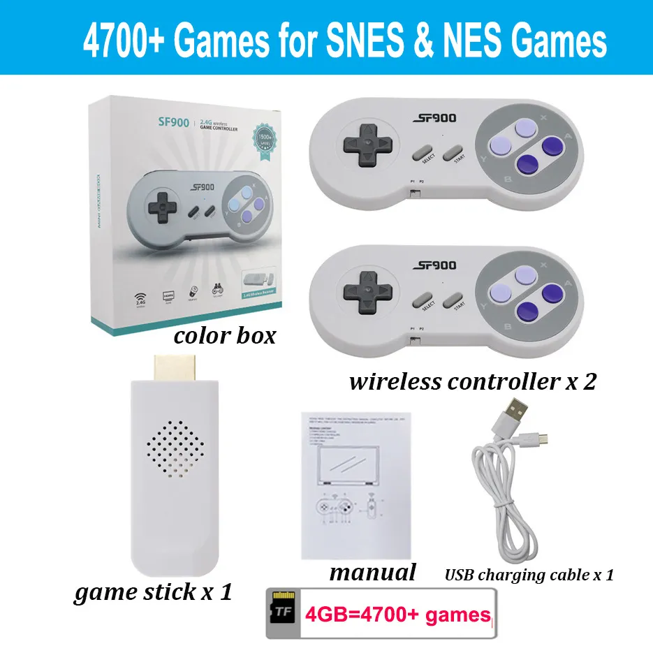 SF900クラシックレトロビデオゲームコンソール4700ゲーム16ビットミニコンソーラワイヤレス4K HDテレビゲームスーパーニンテンドーSNES NES