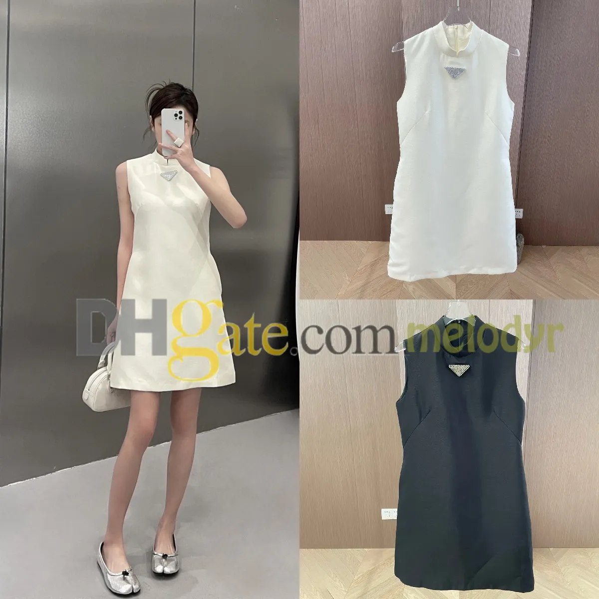 Women White Vest Dress Elegant Designer Slim Sleeveless Skirts Rhinestone Badge Stand Neck Dresses Party Skirt