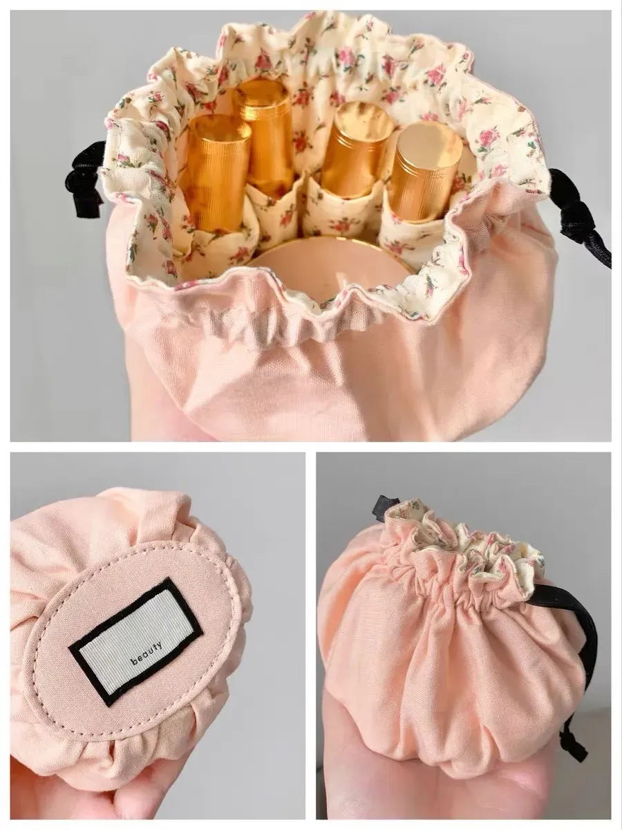 Designer purple pink drawstring makeup bag cute floral lipstick storage bag classic logo retro satin travel portable small bag candy