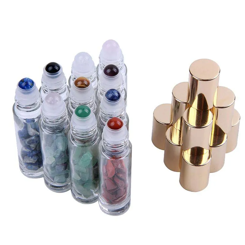 Packing Bottles Wholesale 10Ml Natural Stones Ssential Oil Gemstone Roller Ball Clear Glass Healing Crystal Chips 10 Colors Drop Del Dhw8Q