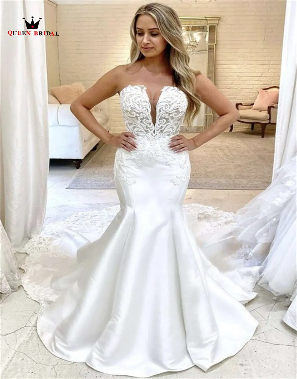 Strapless Satin Mermaid Wedding Dress with Beaded Lace and Chapel Train,  V-neck Backless Sleeveless Formal Bride Gown from Dhgate In Stock Wedding  Dresses - price 879.84