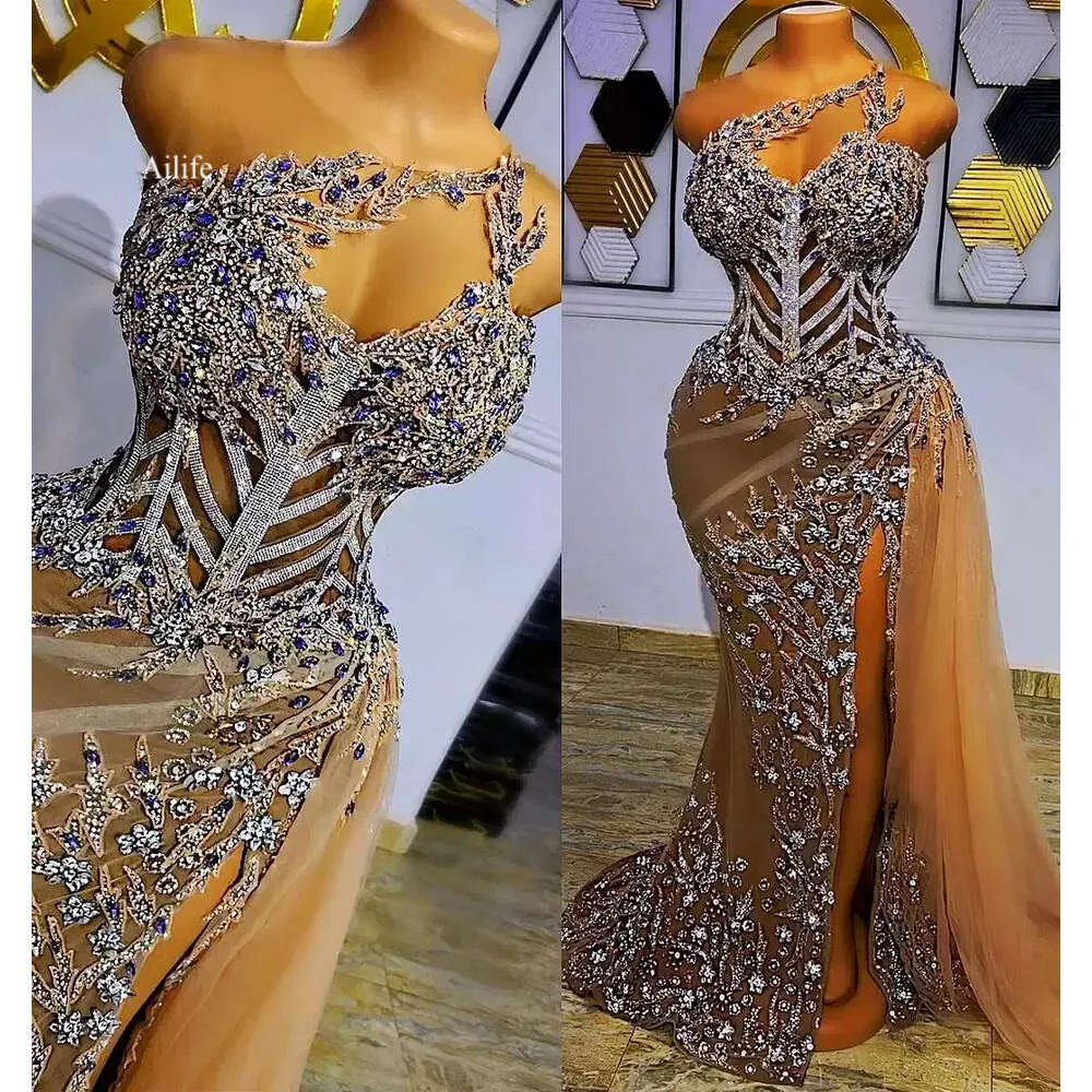 Plus Size Arabic Aso Ebi Gold Luxurious Mermaid Prom Beaded Crystals Evening Formal Party Second Reception Birthday Engagement Gowns Dresses 0515