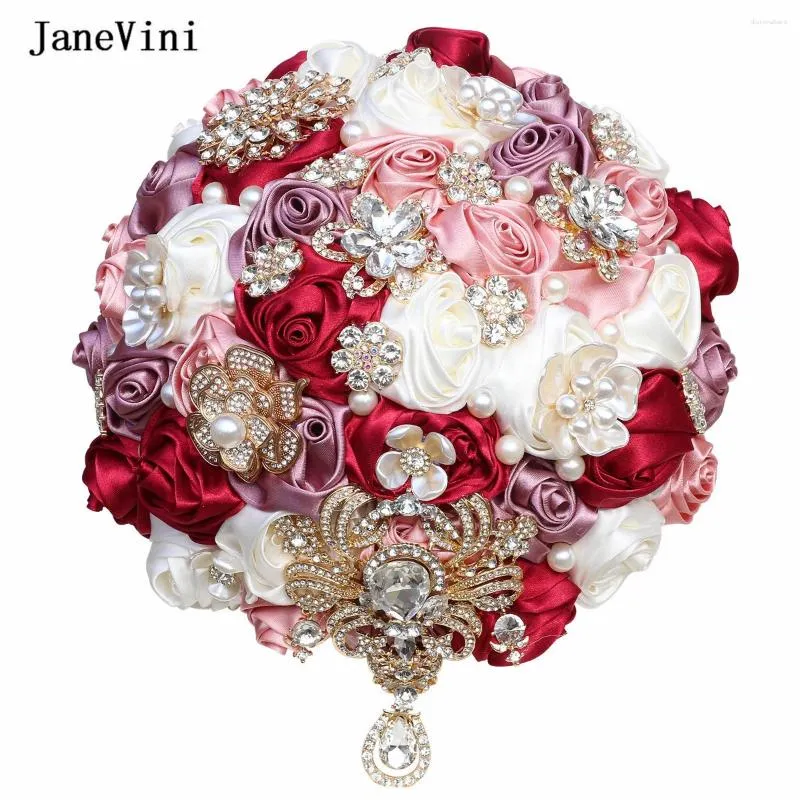 Wedding Flowers Janevini Bling Rhinestone ciemnoczerwone bukiety ślubne sztuczne satynowe róży akcesoria bukiet de fleae Mariage