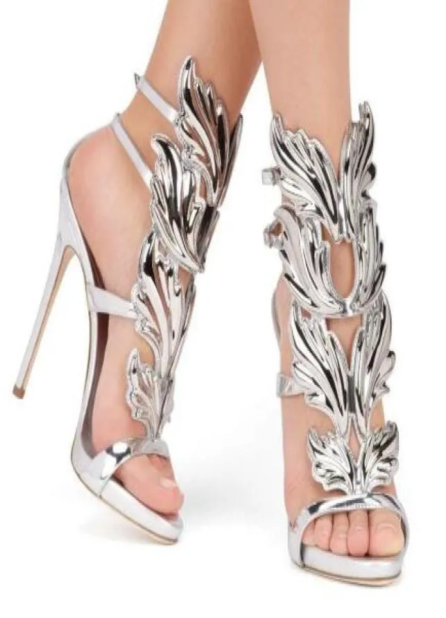 Hot Sale Golden Metal Wings Leaf Strappy Dress Sandal Silver Gold Red High Heels Shoes Women Metallic Winged Sandals5648877
