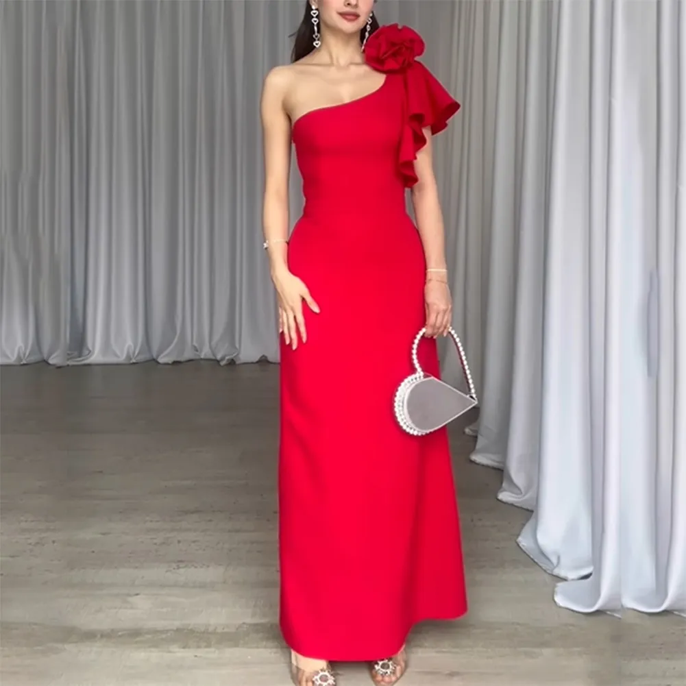 Eén schouderschede avondjurken Lange prom -jurk rode crêpe formele feestjurk voor vrouwen