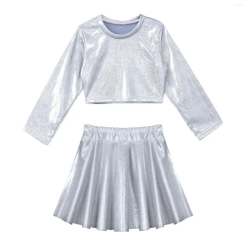Kläder sätter barnflickor jazzdansdräkt hip-hop streetwear glittrande långärmad skörd topp t-shirt veckad kjol set för fest