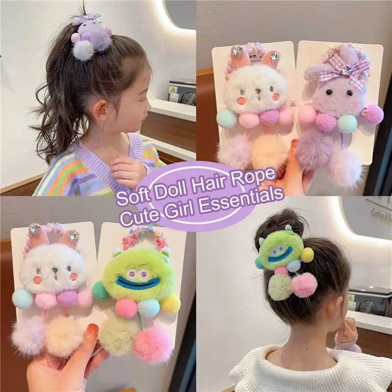 Hair Accessories Cute Cartoon Rabbit Rubber Band Girl Plush Tail Panda Hair Tie Elastic Hair Ring Headwear Girl Childrens Hair Accessories WX